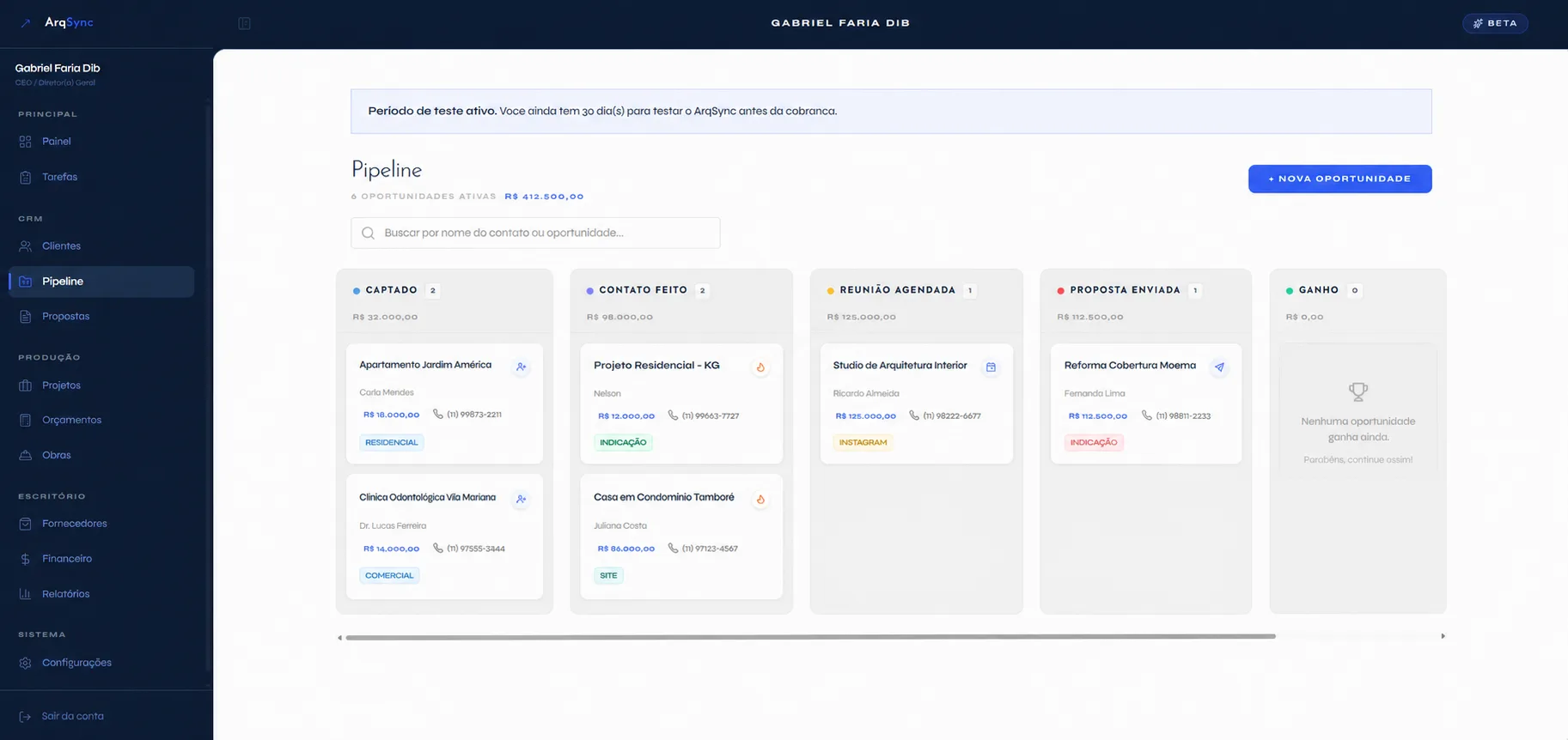 Pipeline comercial do ArqSync com oportunidades nas etapas captado, contato feito, reunião agendada, proposta enviada e ganho
