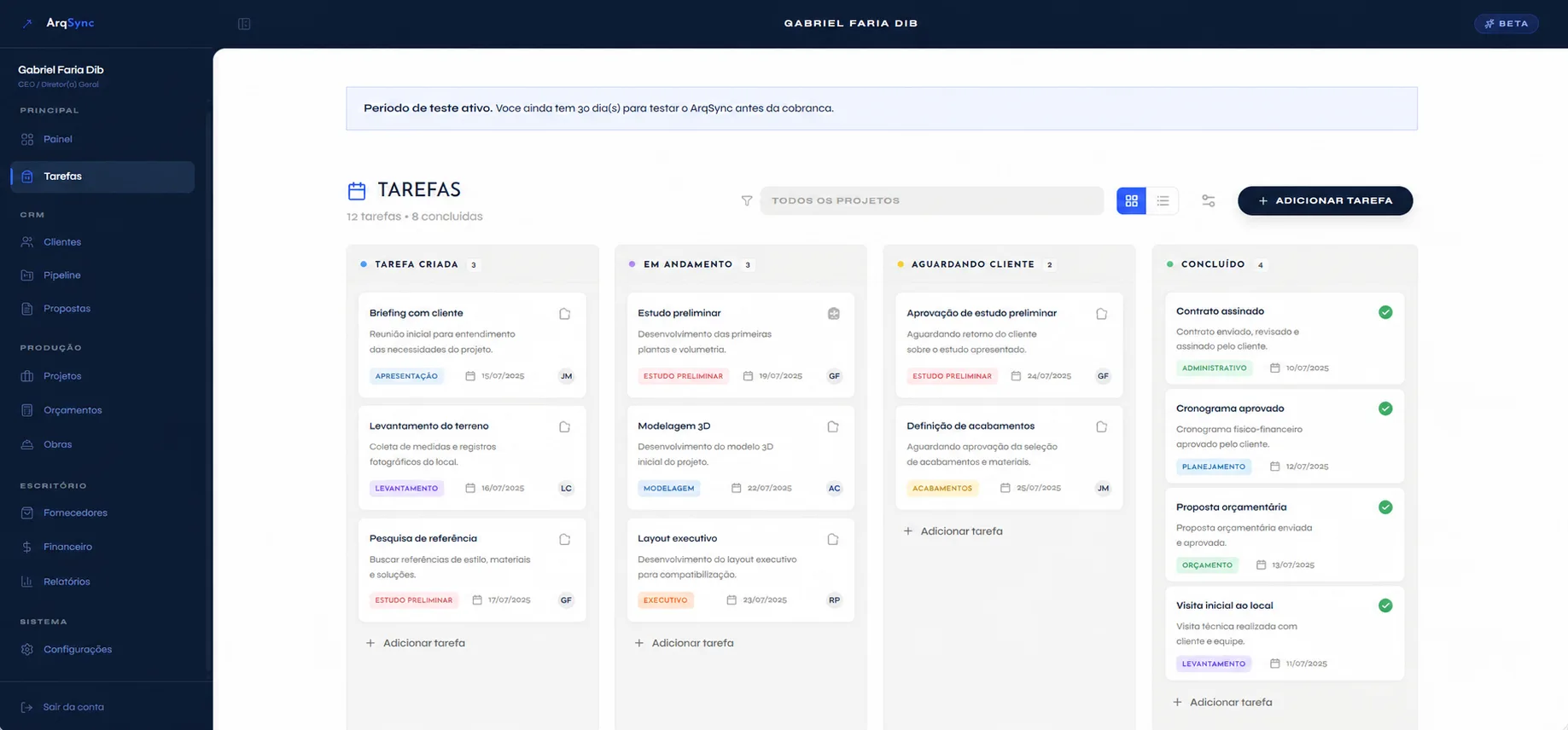 Quadro de tarefas do ArqSync por status: criada, em andamento, aguardando cliente e concluída